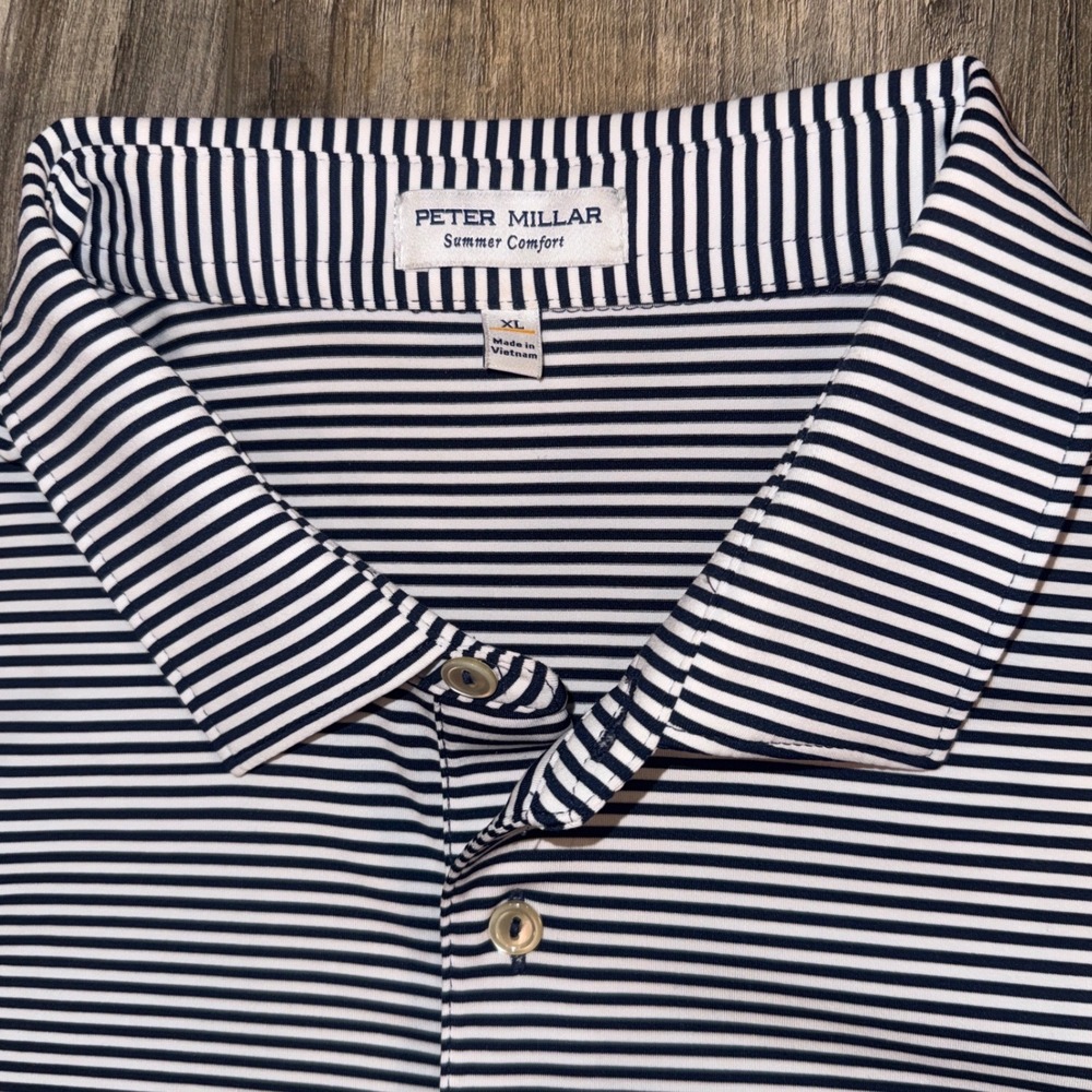 Peter Millar Polo Shirt Mens XL Navy White Stripe Golf Logo Sleeve - Picture 3 of 6